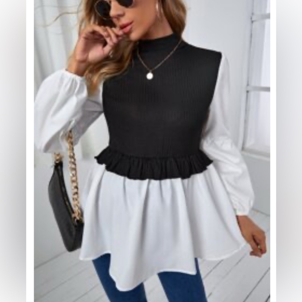 Maternity black and white ruffle blouse